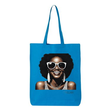 Hi There! Gusseted tote bag featuring an illustration of a beautiful woman with sunglasses and an afro.